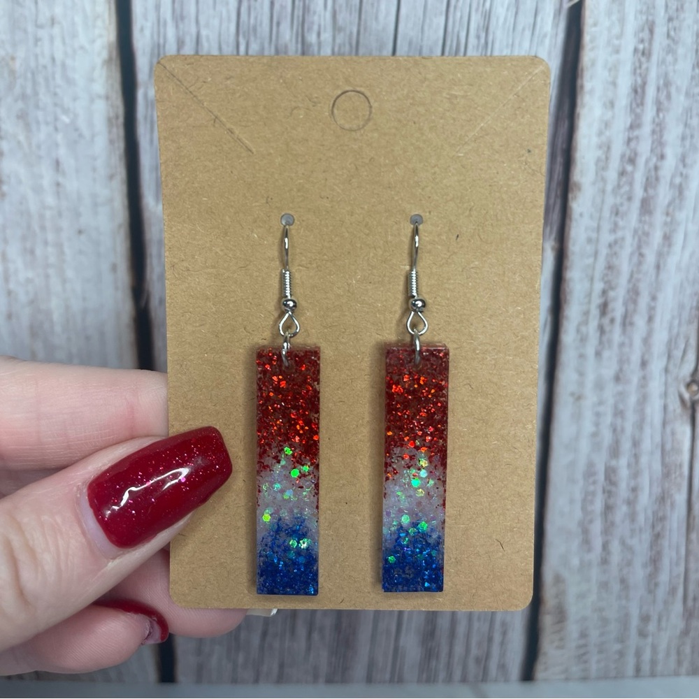 Handmade Red, White, and Blue Glitter Resin Earrings